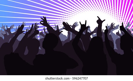Silhouettes of dancing people in club in front of bright stage lights - disco concept, vector illustration