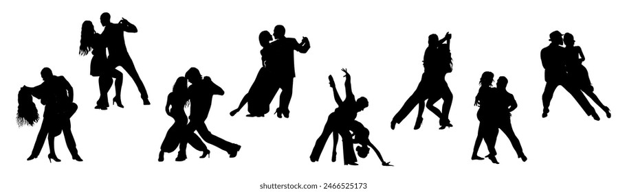 Silhouettes of Dancing People, Dancer Bachata, Salsa, Flamenco, Tango, Latina Dance. Set of couples in different dance poses. Black monochrome vector illustrations isolated on white background.