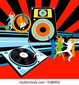 silhouettes dancing, turntable, loudspeaker and rays