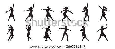 Silhouettes of dancing women in various poses, isolated on white background, graphic illustration. concept of dance, movement, female silhouettes, performance art, design element, ballet.
