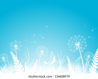 Silhouettes of Dandelion Abstract Summer Background In Blue, Copy Space