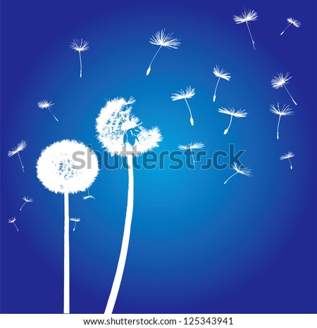 silhouettes of dandelions in the wind on blue background