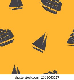 Silhouettes of dark gray sailing yachts and ships on an orange, yellow, brick or mustard background. Seamless pattern. Printing on fabric, packaging, label with a marine theme. Vector illustration.