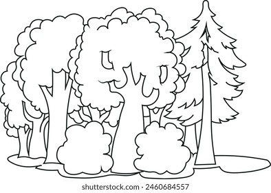 siluetas de árboles de hoja caduca y coníferas. 