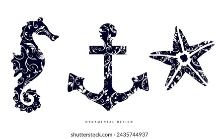 Siluetas decoradas con adornos victorianos y rizos. Caballo de mar, ancla y estrella de mar: símbolos, idea del logotipo, diseños elegantes para la composición de lujo.