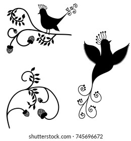 Silhouettes of a decorative bird on a white background
