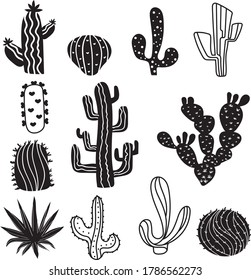 Silhouettes of decorative vector cacti on a white isolated background