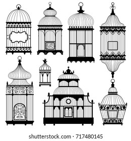 Silhouettes of a decorative vintage bird cages. Set of vector silhouettes on white background