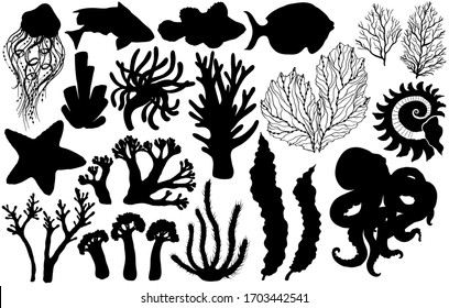 Silhouettes of deepwater living organisms, fish and algae, vector illustration.