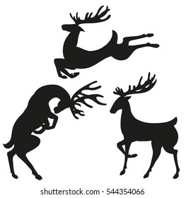 silhouettes of deer in different poses. standing, running, bunting stag