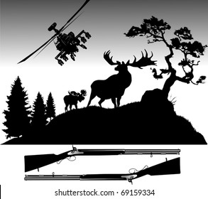 Silhouettes of deer of different species on a white background;