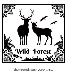 Silhouettes of Deer, and Flying Birds. Cover Template for Book About Wild Forest