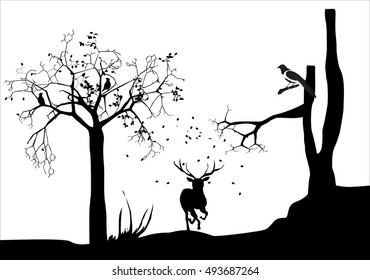  Silhouettes of deer running,monochrome vector illustration of forest and deer silhouettes