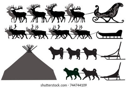 Silhouettes of deer sleds and dog sleds