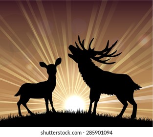 Silhouettes of deer the standing in the bright dusk. vector