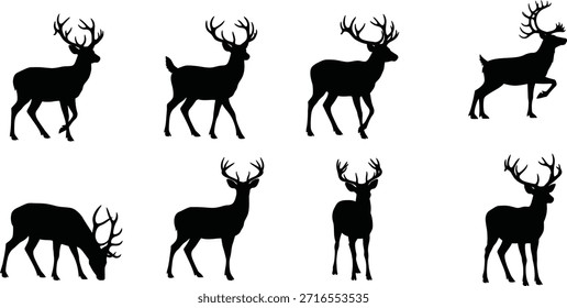 Silhouettes of deer in various poses isolated on transparent background