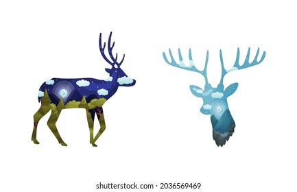 Silhouettes of deer wild animals with night summer landscape inside vector illustration