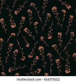 Silhouettes of delicate forget-me-nots flowers pattern background orange and black colors
