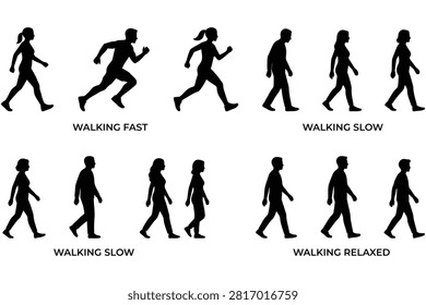 Silhouettes demonstrate fast walking slow walking and relaxed walking styles