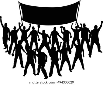 silhouettes of demonstrators with banner