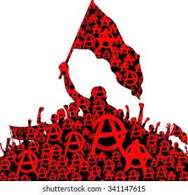 silhouettes demonstrators with sign of anarchy