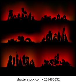 Silhouettes destroyed cities on fire