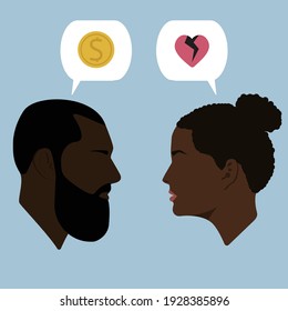 Silhouettes. Dialogue. Black bearded guy in sunglasses and black girl. Broken love. Broken heart. Break up. Conversation. Bearded men. 