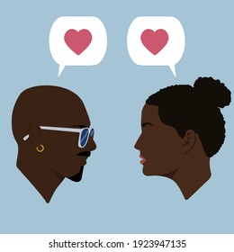 Silhouettes. Dialogue. Black guy in sunglasses and black girl. Love. Declaration of love. Conversation. Bearded men. 