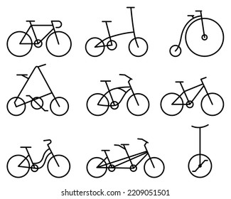 Silhouettes of different bicycles: road bicycle, BMX, tandem, monocycle, old bicycle, cruiser.: road bicycle, BMX, tandem, monocycle, old bicycle, cruiser.