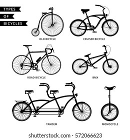 Silhouettes of different bicycles: road bicycle, BMX, tandem, monocycle, old bicycle, cruiser.