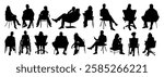 Silhouettes of different business people, men and women sitting in office chairs with phone. Black flat illustrations isolated on white background