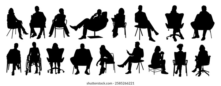 Silhouettes of different business people, men and women sitting in office chairs with phone. Black flat illustrations isolated on white background