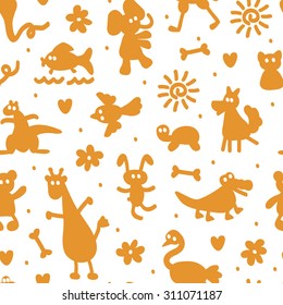 Silhouettes of different cartoon animals. Vector Seamless Pattern of funny animals. Bright children's wallpaper.