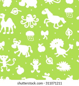 Silhouettes of different cartoon animals. Vector Seamless Pattern of funny animals. Bright children's wallpaper.