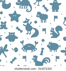 Silhouettes of different cartoon animals. Vector Seamless Pattern of funny animals. Bright children's wallpaper.