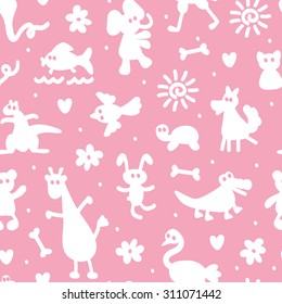 Silhouettes of different cartoon animals. Vector Seamless Pattern of funny animals. Bright children's wallpaper.