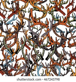 Silhouettes of different deer horns. Textured illustration.