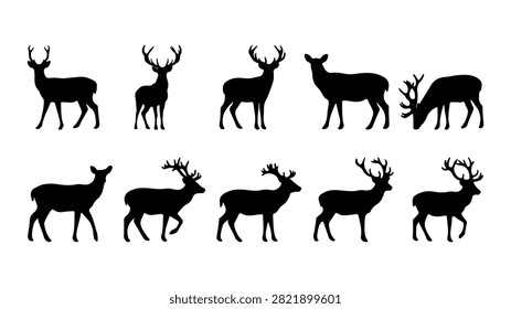 Silhouettes of different deer species in various stances, showcasing their antlers and graceful forms against a plain background.