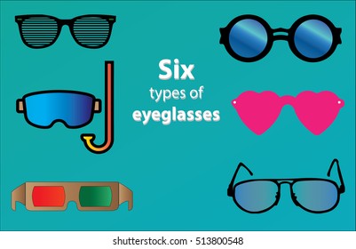 Silhouettes of different eyeglasses, scuba diving glasses, heart shape glasses, 3D glasses, vector