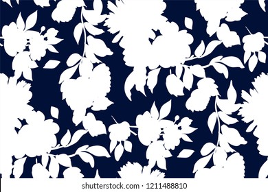 Silhouettes of different flowers and leaves hand drawn.Vector floral seamless background pattern for wallpaper, textile prints, fabric.

