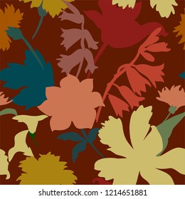 Silhouettes of different flowers and leaves hand drawn.Vector floral seamless background pattern for wallpaper, textile prints, fabric.

