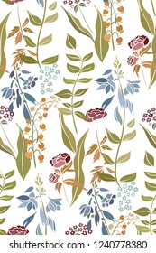 Silhouettes of different flowers and leaves hand drawn. Vector floral seamless background pattern in retro style for wallpaper, textile prints, fabric.

