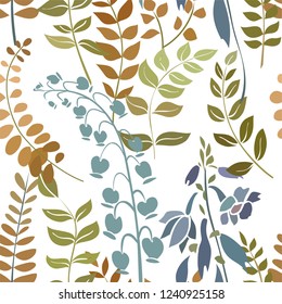 Silhouettes of different flowers and leaves hand drawn. Vector floral seamless background pattern in retro style for wallpaper, textile prints, fabric.