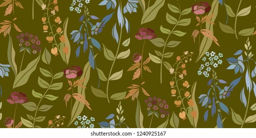 Silhouettes of different flowers and leaves hand drawn. Vector floral seamless background pattern in retro style for wallpaper, textile prints, fabric.