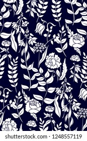 Silhouettes of different flowers and leaves hand drawn.Vector floral seamless background pattern for wallpaper, textile prints, fabric.