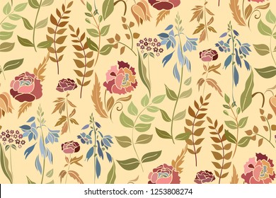 Silhouettes of different flowers and leaves hand drawn.Vector floral seamless background pattern for wallpaper, textile prints, fabric.
