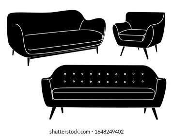 Silhouettes of different furniture for sitting. Black and white vector stencils. Sofas and armchairs on a white background.