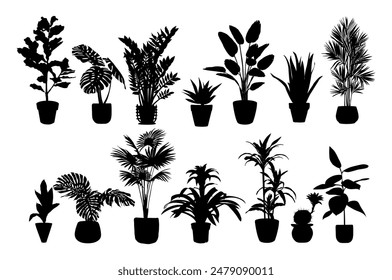 Silhouettes of different House Plants in pot set. Collection of indoor potted decorative houseplants for interior home, office decoration. Monochrome vector illustrations on white background.