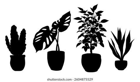 Silhouettes of different House Plants in pot set. Collection of indoor potted decorative houseplants for interior home, office decoration. Monochrome vector illustrations on white background.