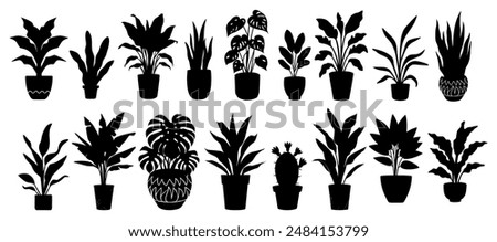 Silhouettes of different House Plants in pot set. Collection of indoor potted decorative houseplants for interior home, office decoration. Monochrome vector illustrations on white background.